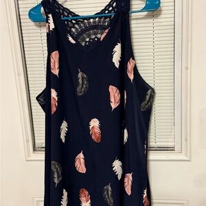 Navy Sleeveless Dress with Feather Print